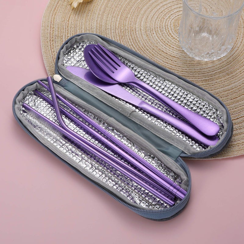Topbooc Portable Stainless Steel Flatware Set, Travel Camping Cutlery Set, Portable Utensil Travel Silverware Dinnerware Set with a Waterproof Case (Light Purple) - Image 5